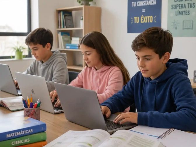 Estudiantes en clases con computadores y material de estudio